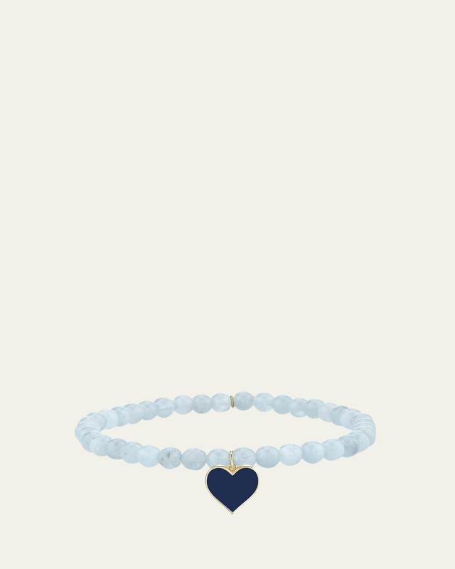 14K Gold & Enamel Heart on Aquamarine Beaded Bracelet